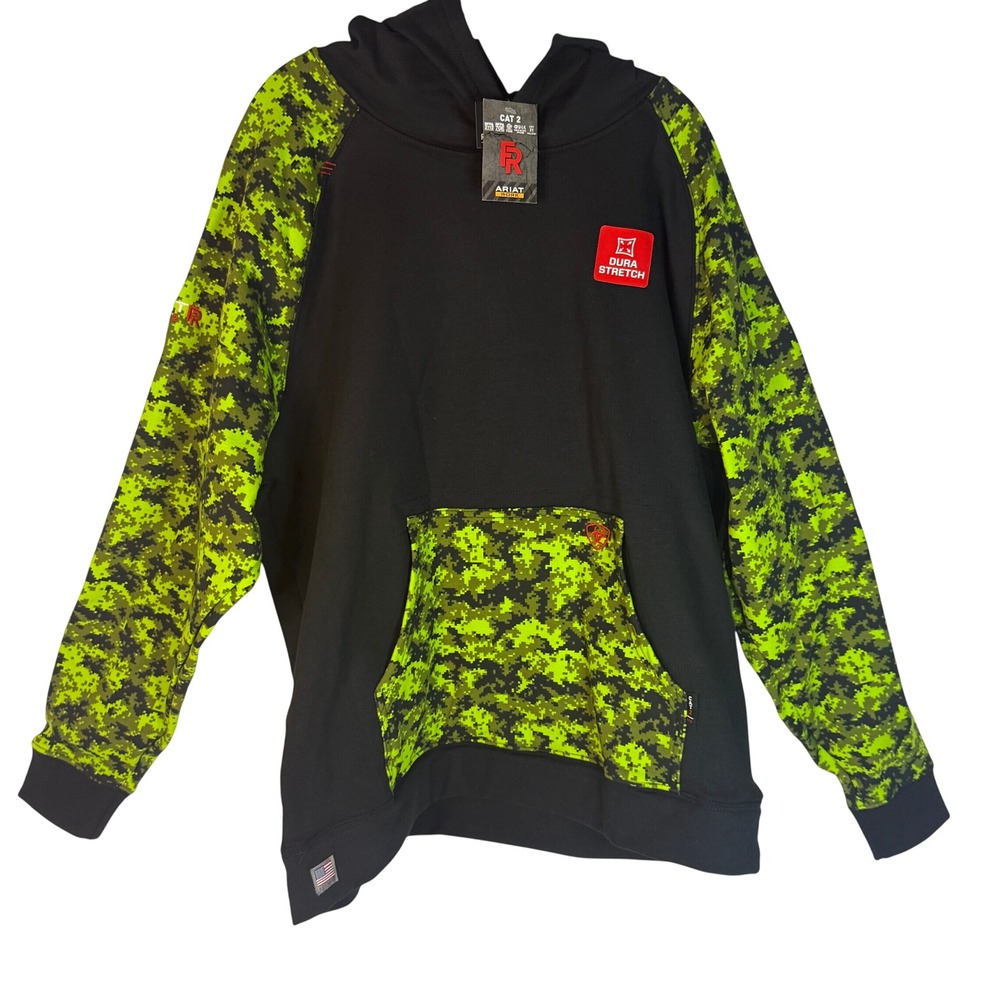 Ariat FR DuraStretch Patriot Hoodie XL Black Lime Camo NWT Flame Resistant